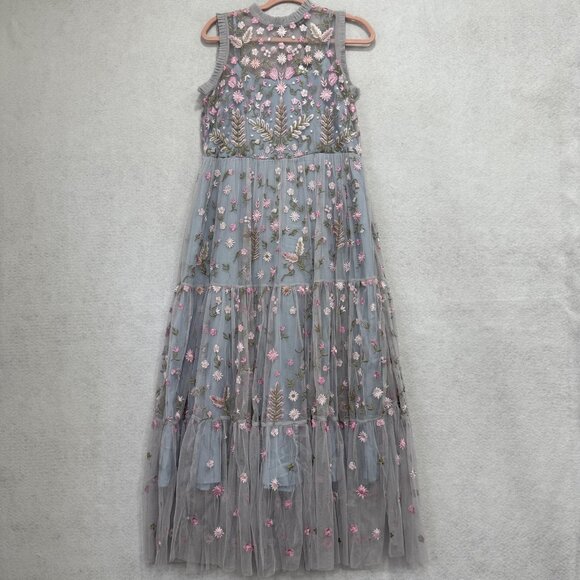 Embroidered Mesh Tulle Maxi Dress Womens Small Gray Pink Floral Tiered Sheer - Picture 1 of 8